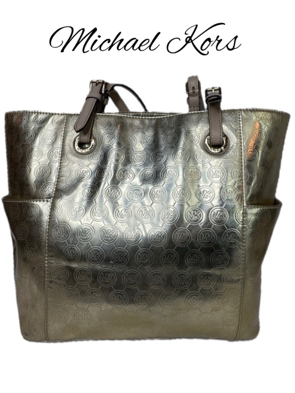 Michael Kors MK Metallic Gold Logo Technology Tote Bag